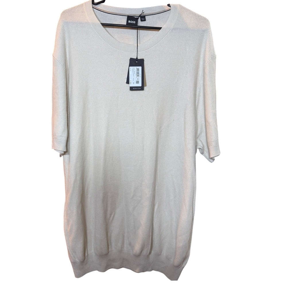 Hugo Boss H-Dakon Men XXL Open White Textured Waffle Knit Short Sleeve Sweater